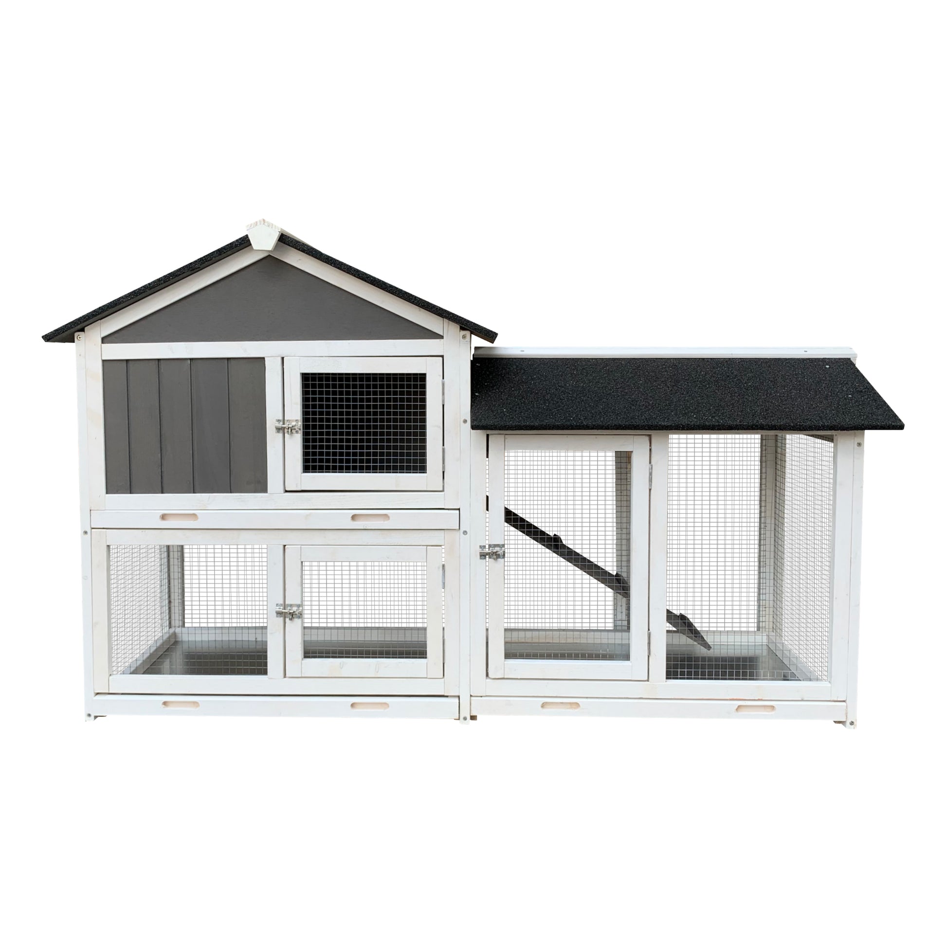 Wooden Outdoor Hutch with Running Cage and Removable Ramp Tray- Gray