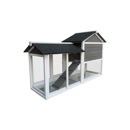 Wooden Outdoor Hutch with Running Cage and Removable Ramp Tray- Gray