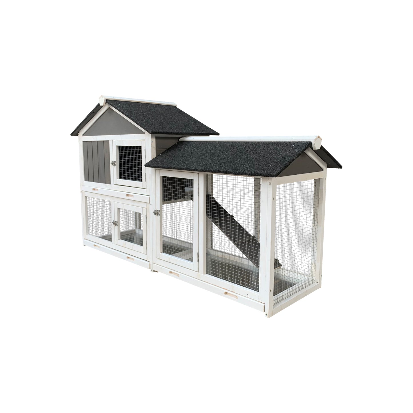 Wooden Outdoor Hutch with Running Cage and Removable Ramp Tray- Gray