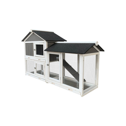 Wooden Outdoor Hutch with Running Cage and Removable Ramp Tray- Gray