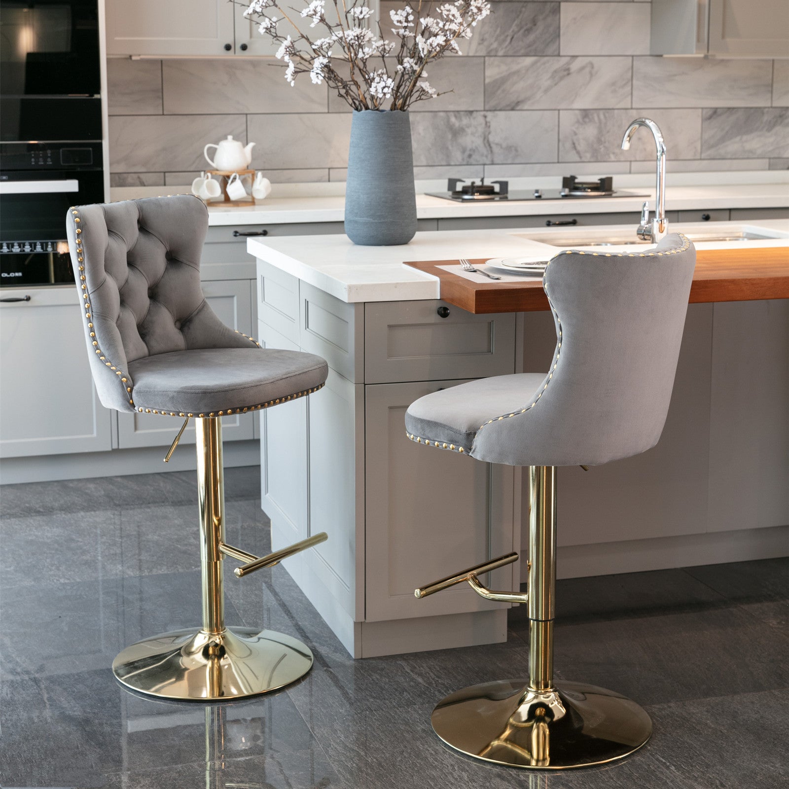 Set of 2 Modern Upholstered Tufted Velvet Armless Bar Stools with Gold Details- Grey