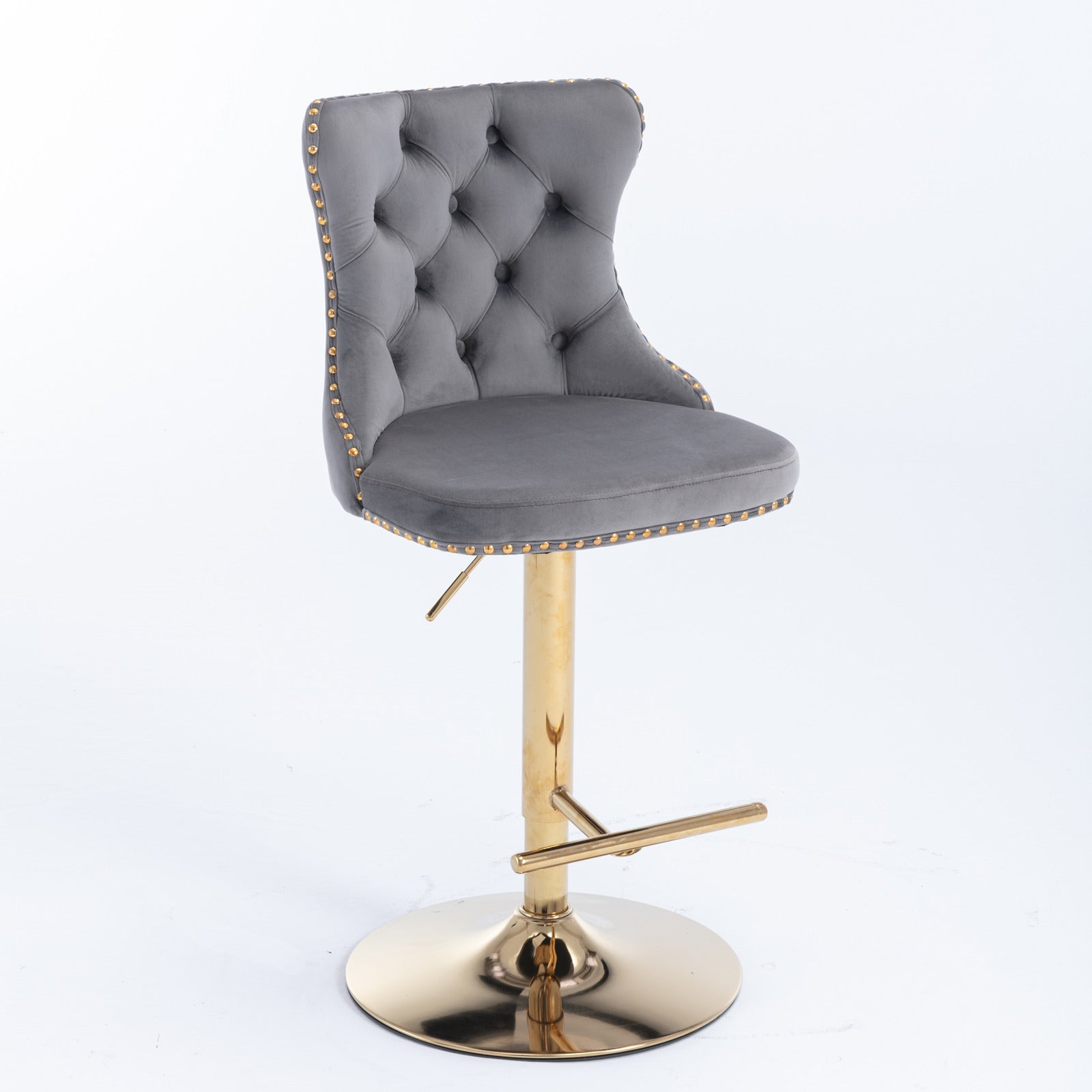 Set of 2 Modern Upholstered Tufted Velvet Armless Bar Stools with Gold Details- Grey