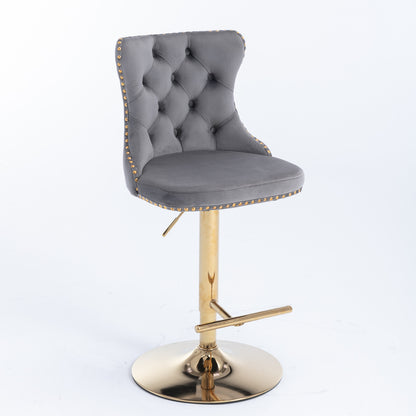 Set of 2 Modern Upholstered Tufted Velvet Armless Bar Stools with Gold Details- Grey