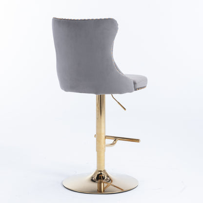 Set of 2 Modern Upholstered Tufted Velvet Armless Bar Stools with Gold Details- Grey