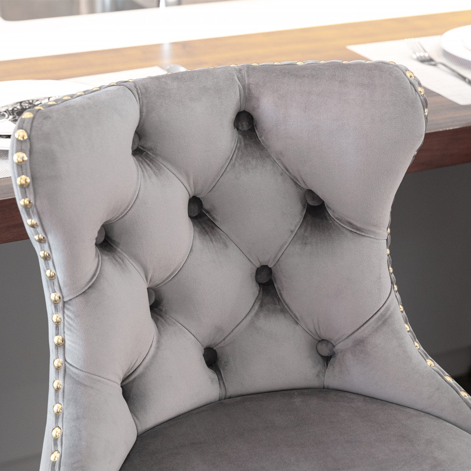 Set of 2 Modern Upholstered Tufted Velvet Armless Bar Stools with Gold Details- Grey