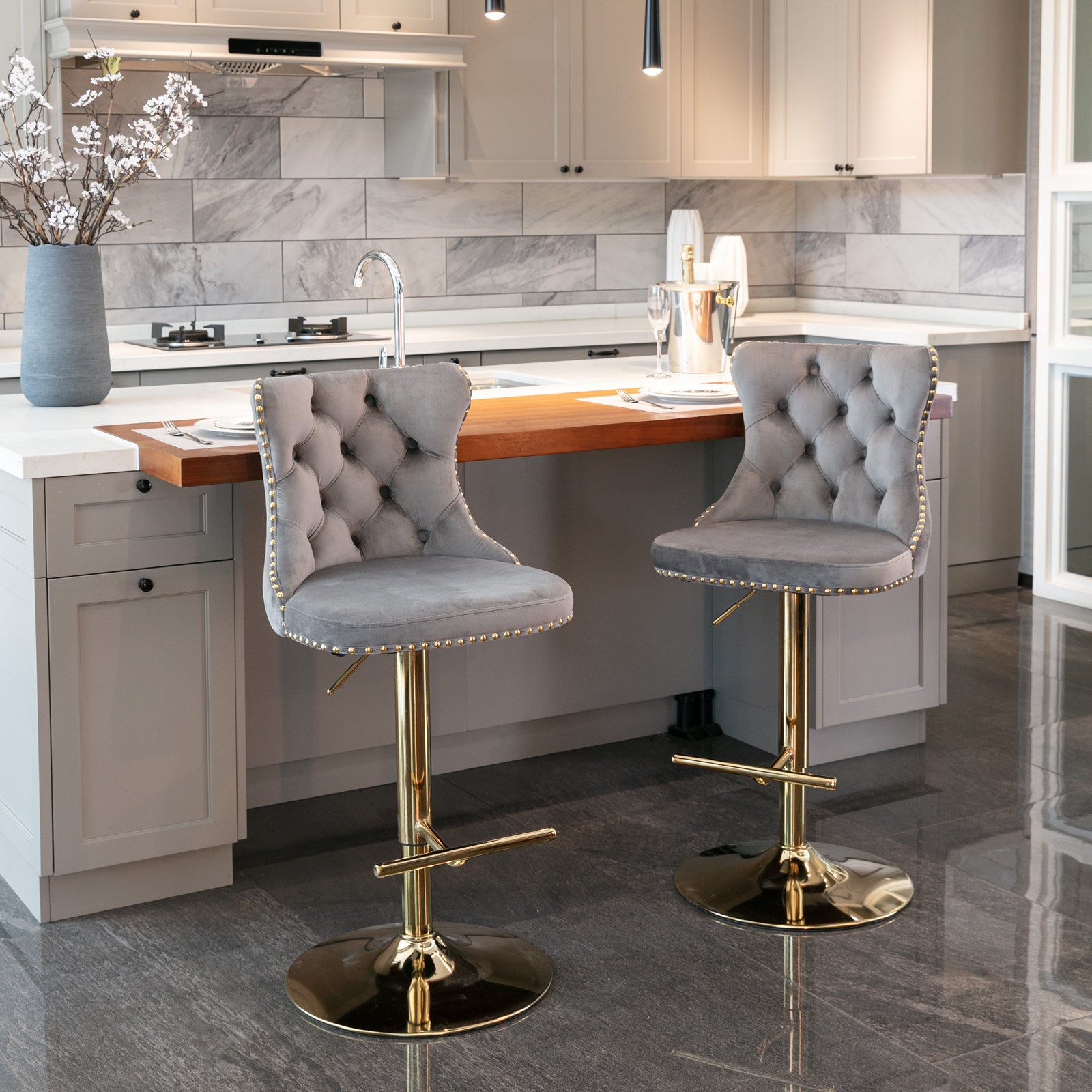 Set of 2 Modern Upholstered Tufted Velvet Armless Bar Stools with Gold Details- Grey