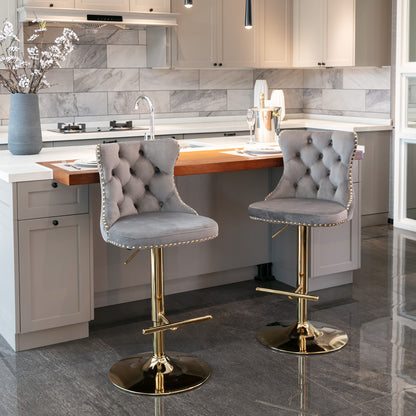 Set of 2 Modern Upholstered Tufted Velvet Armless Bar Stools with Gold Details- Grey