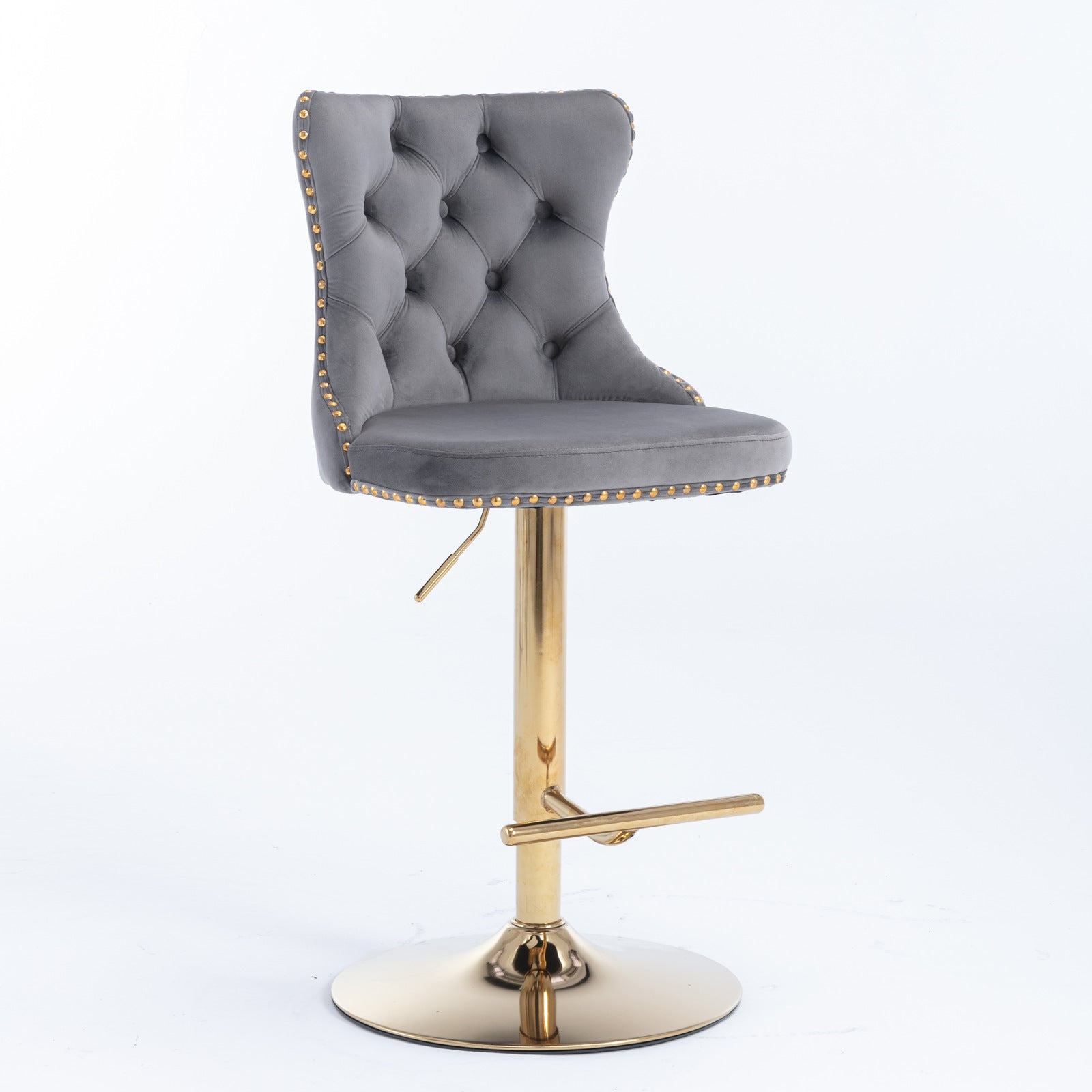 Set of 2 Modern Upholstered Tufted Velvet Armless Bar Stools with Gold Details- Grey