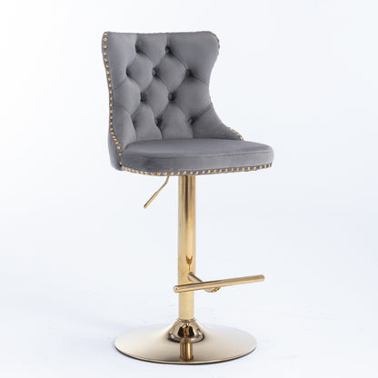 Set of 2 Modern Upholstered Tufted Velvet Armless Bar Stools with Gold Details- Grey