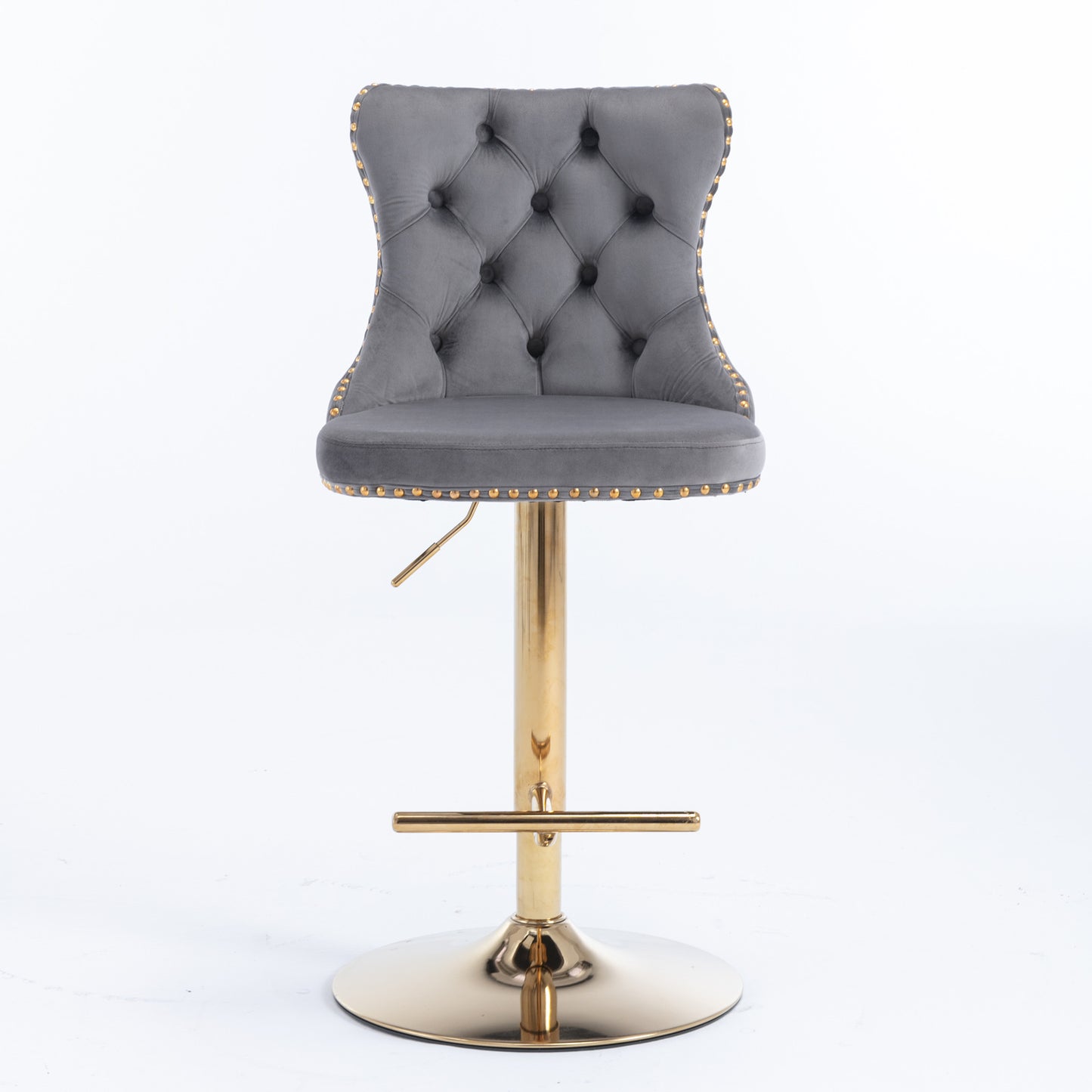 Set of 2 Modern Upholstered Tufted Velvet Armless Bar Stools with Gold Details- Grey