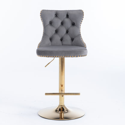 Set of 2 Modern Upholstered Tufted Velvet Armless Bar Stools with Gold Details- Grey