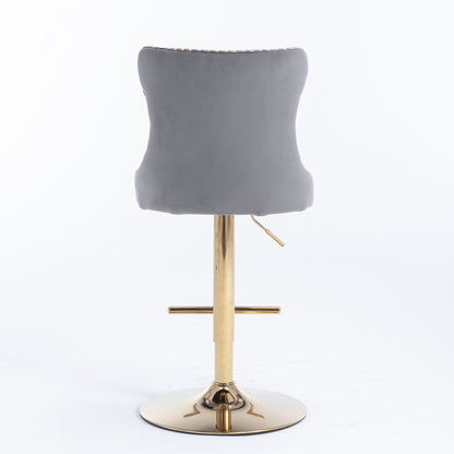 Set of 2 Modern Upholstered Tufted Velvet Armless Bar Stools with Gold Details- Grey