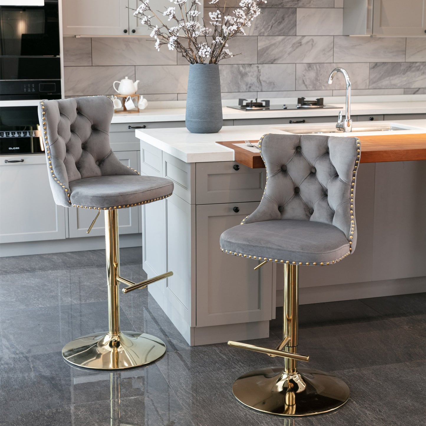 Set of 2 Modern Upholstered Tufted Velvet Armless Bar Stools with Gold Details- Grey