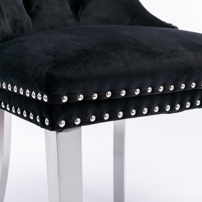 2 pcs High-End Tufted Contemporary Velvet Chair with Chrome Detail and Metal Legs- Black