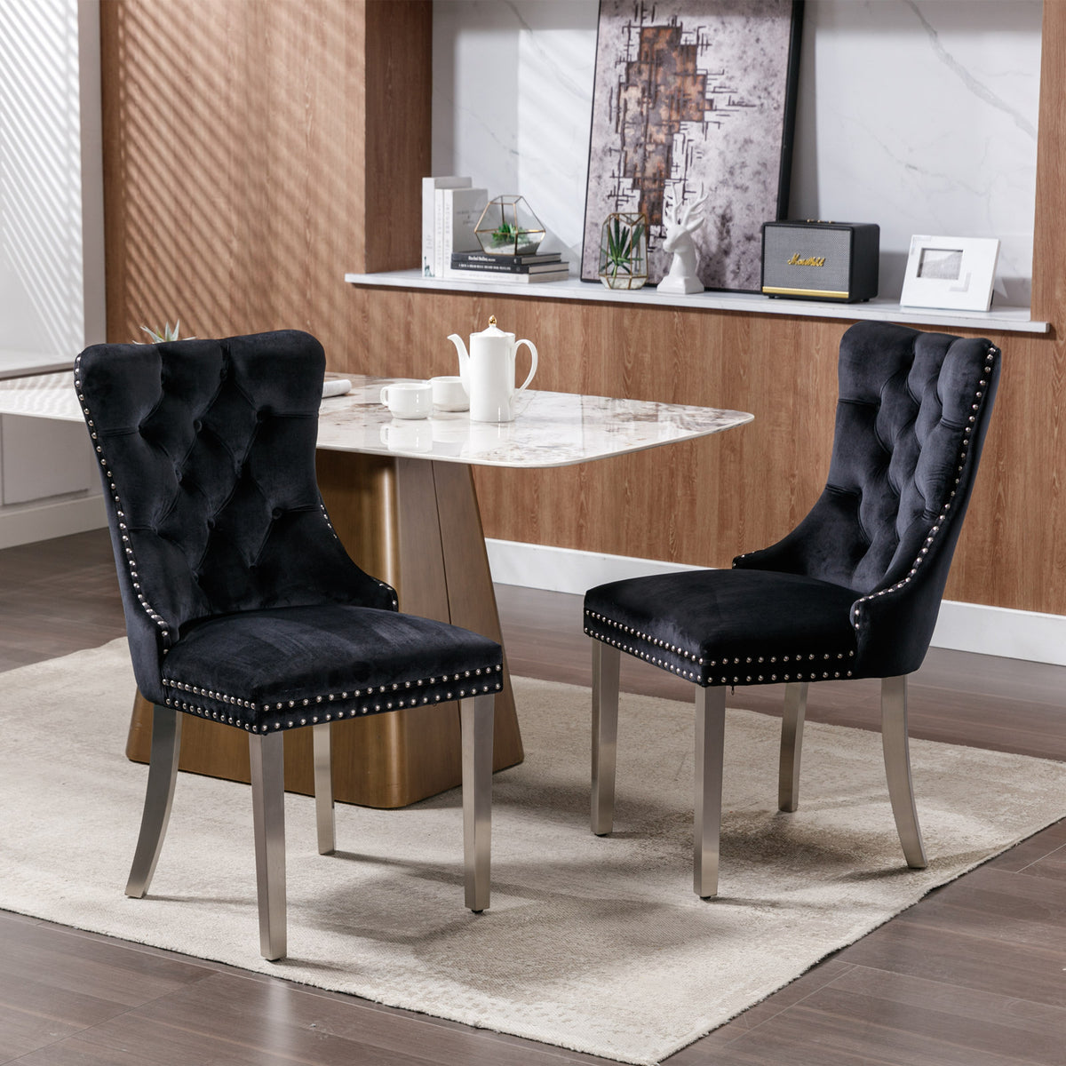 2 pcs High-End Tufted Contemporary Velvet Chair with Chrome Detail and Metal Legs- Black