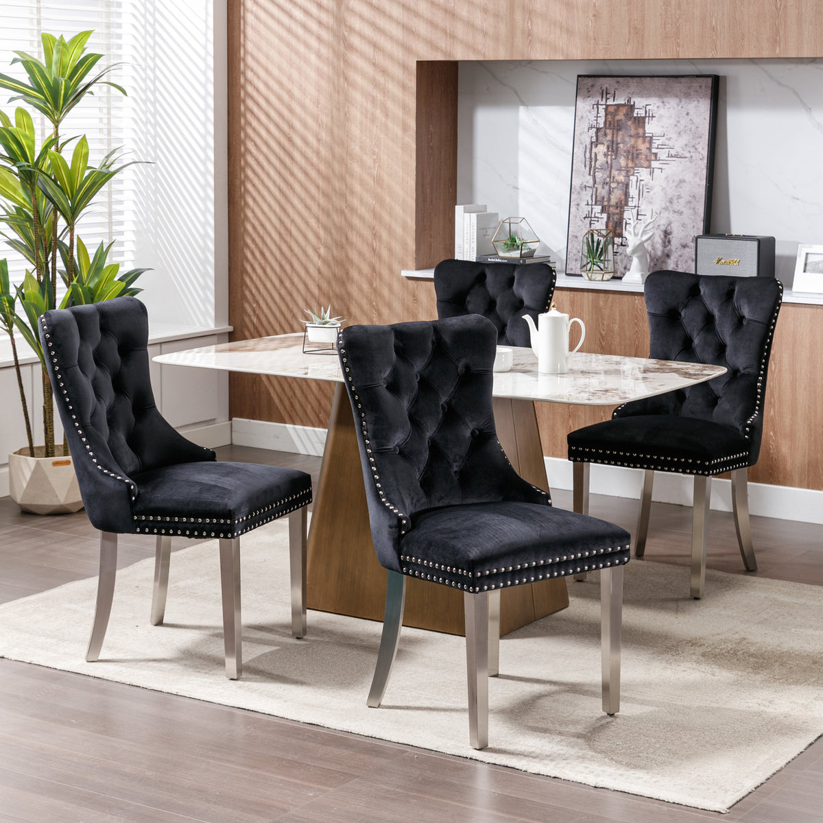 2 pcs High-End Tufted Contemporary Velvet Chair with Chrome Detail and Metal Legs- Black