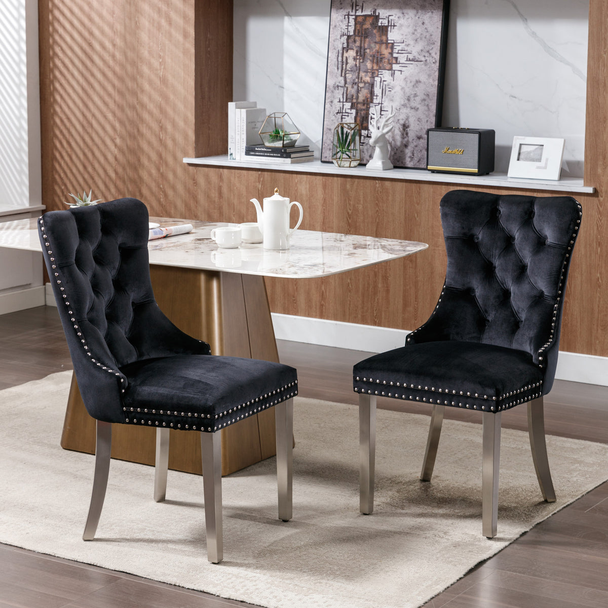 2 pcs High-End Tufted Contemporary Velvet Chair with Chrome Detail and Metal Legs- Black