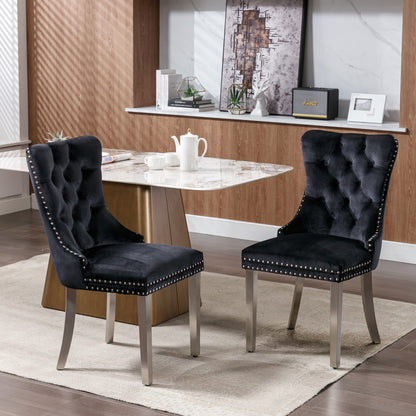 2 pcs High-End Tufted Contemporary Velvet Chair with Chrome Detail and Metal Legs- Black