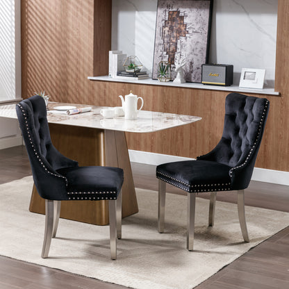 2 pcs High-End Tufted Contemporary Velvet Chair with Chrome Detail and Metal Legs- Black