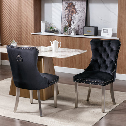 2 pcs High-End Tufted Contemporary Velvet Chair with Chrome Detail and Metal Legs- Black