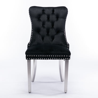 2 pcs High-End Tufted Contemporary Velvet Chair with Chrome Detail and Metal Legs- Black