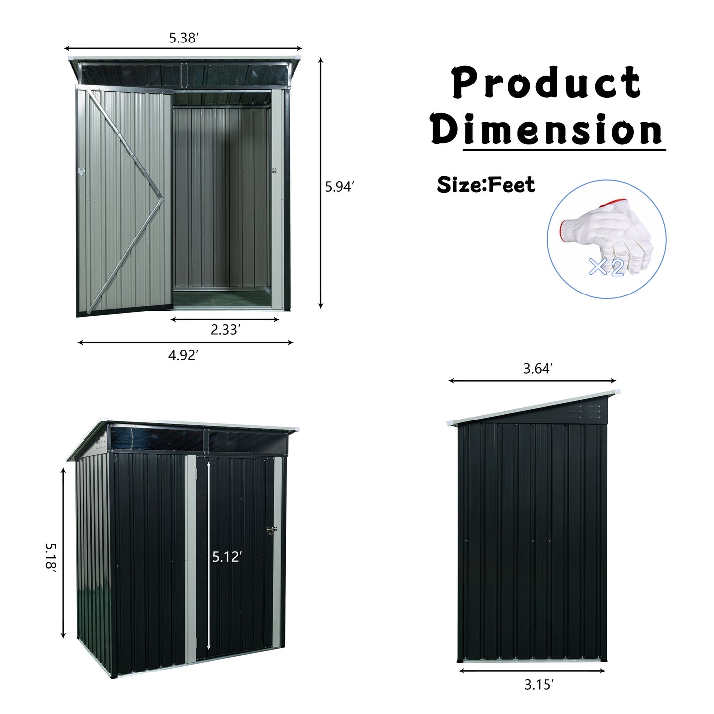 5ft x 3ft Outdoor Metal Weatherproof Storage Shed with Transparent Plate- Black