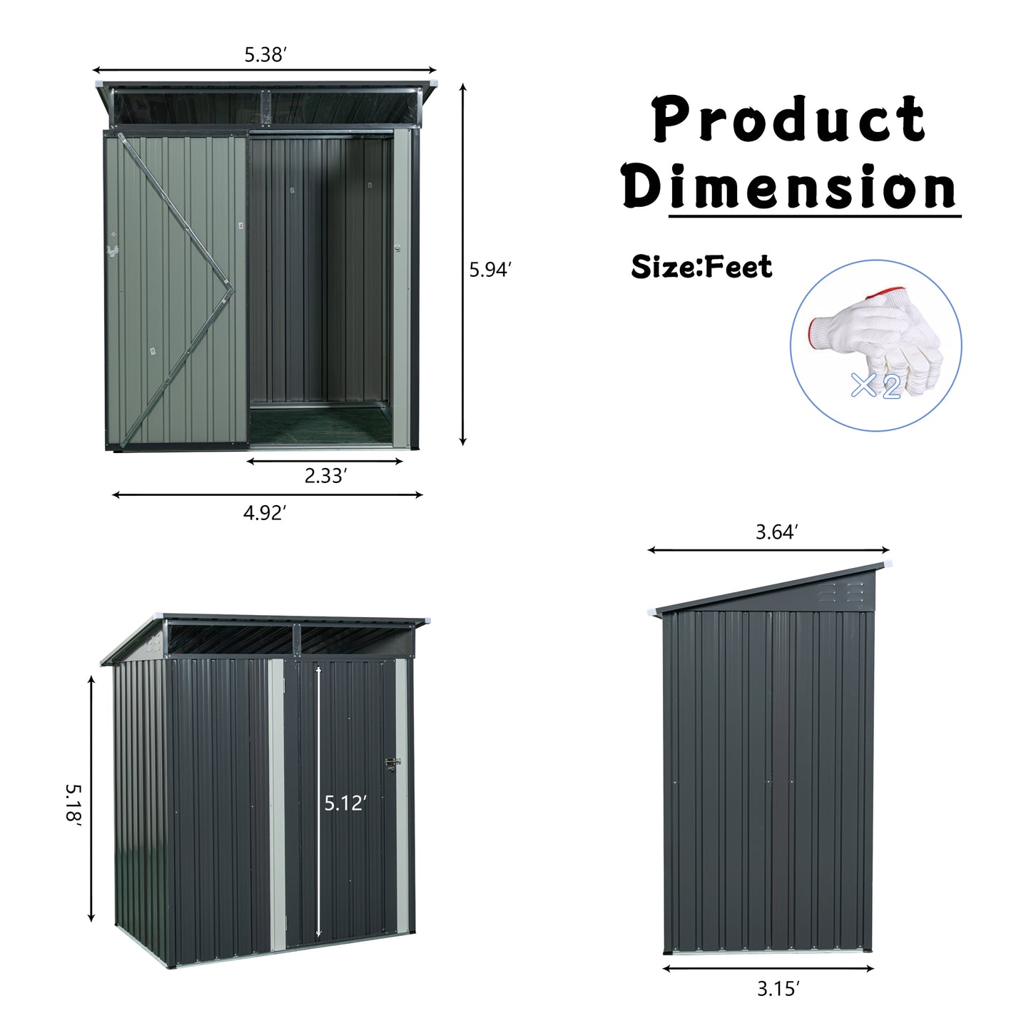 5ft x 3ft Outdoor Metal Weatherproof Storage Shed with Transparent Plate- Gray