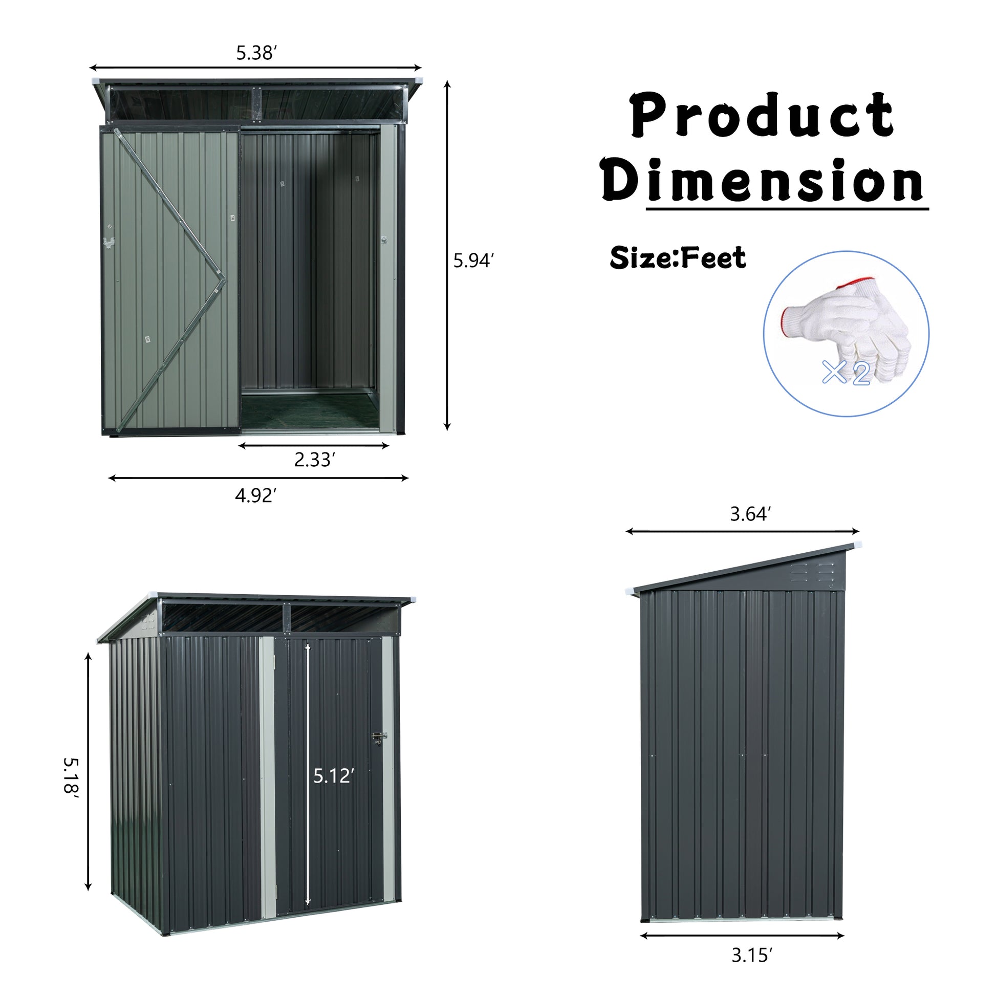 5ft x 3ft Outdoor Metal Weatherproof Storage Shed with Transparent Plate- Gray