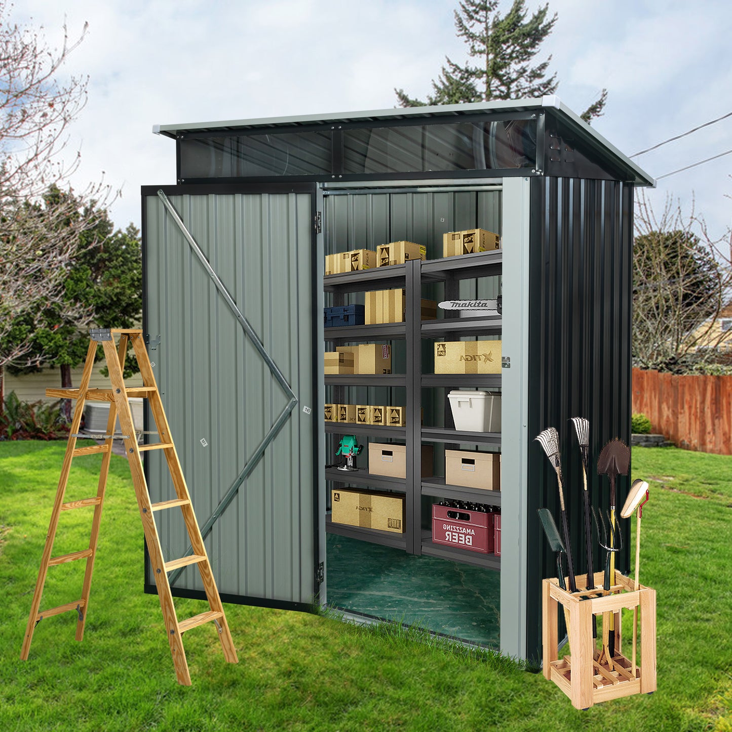 5ft x 3ft Outdoor Metal Weatherproof Storage Shed with Transparent Plate- Black