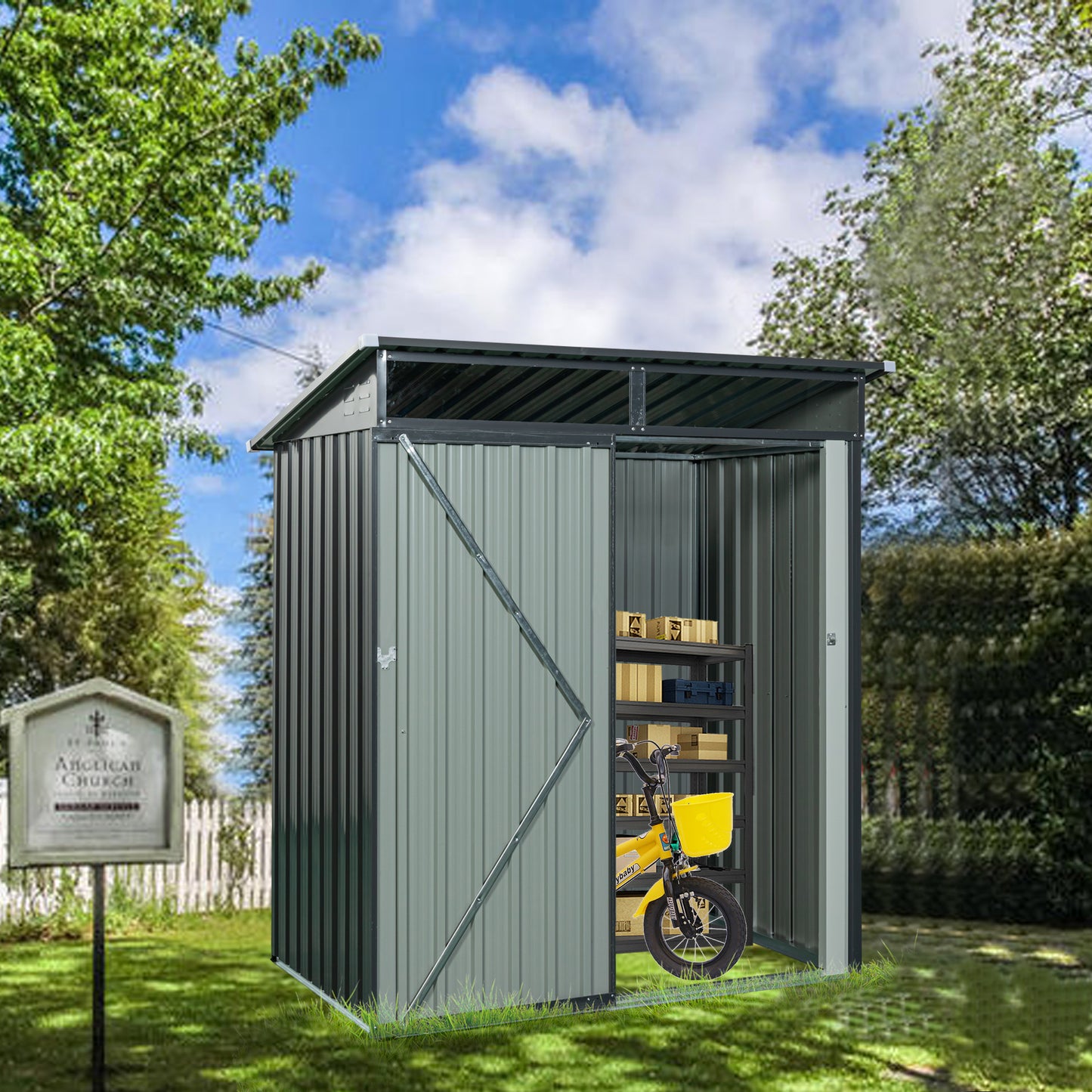 5ft x 3ft Outdoor Metal Weatherproof Storage Shed with Transparent Plate- Gray