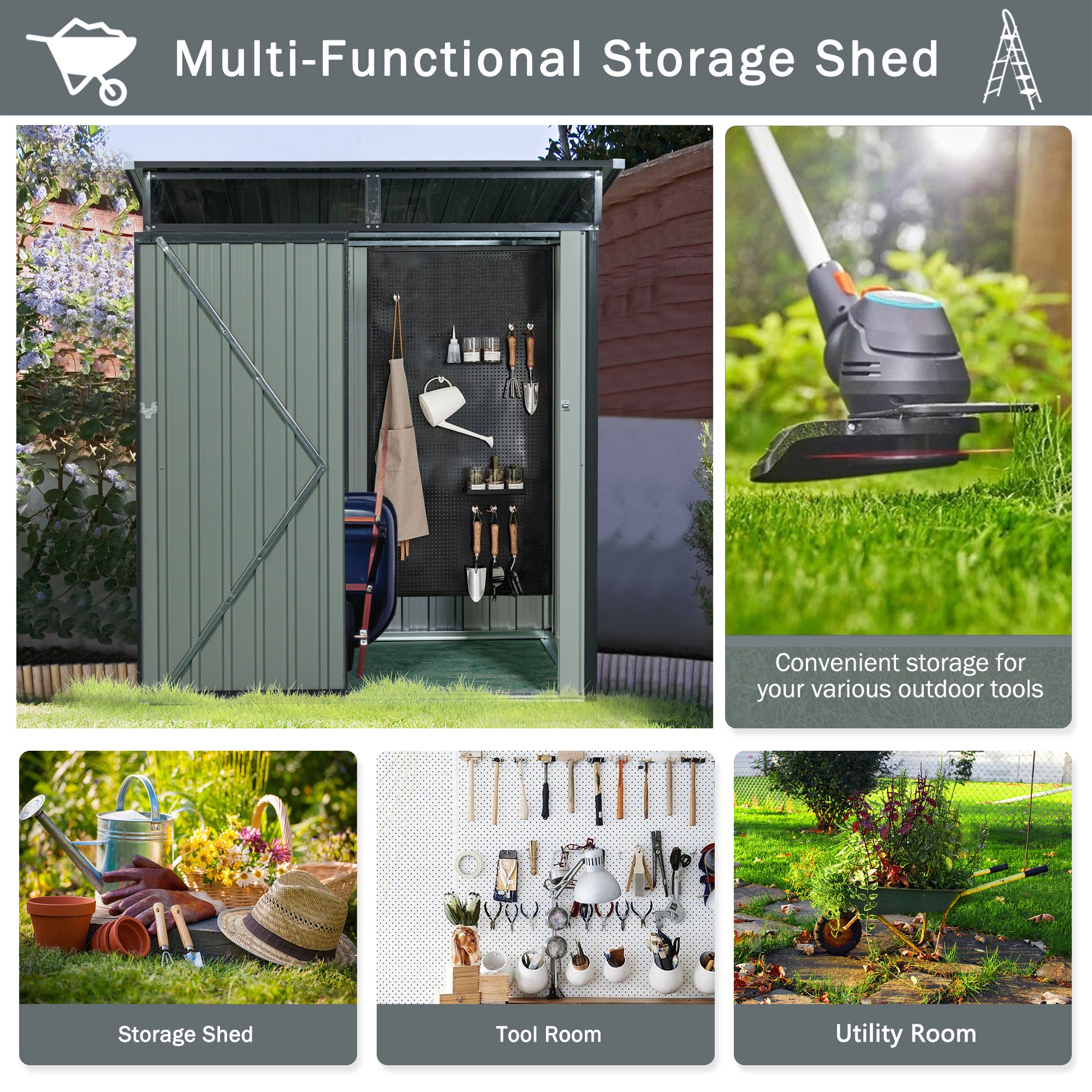 5ft x 3ft Outdoor Metal Weatherproof Storage Shed with Transparent Plate- Gray