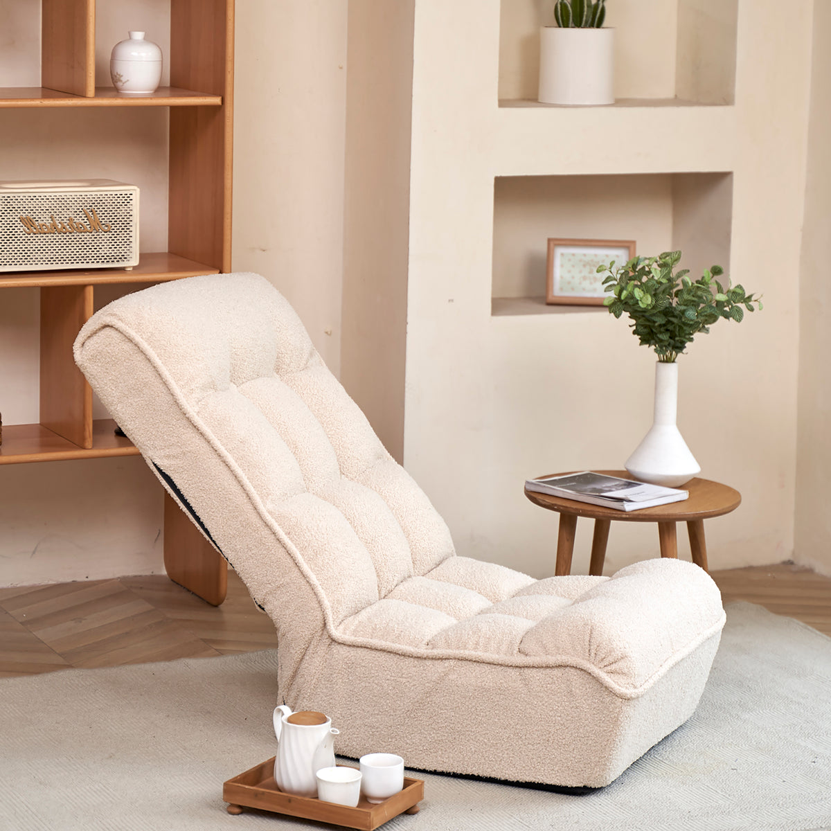 Single Seater Japanese Style Thick Cushioned Lazy Tatami Recliner Sofa- White