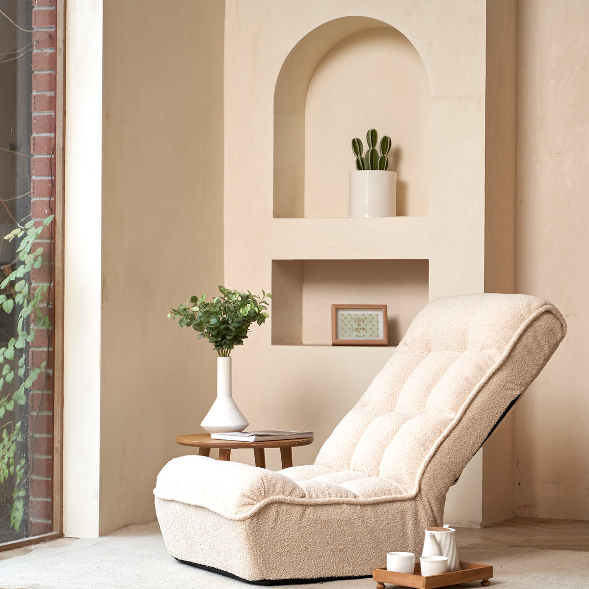 Single Seater Japanese Style Thick Cushioned Lazy Tatami Recliner Sofa- White