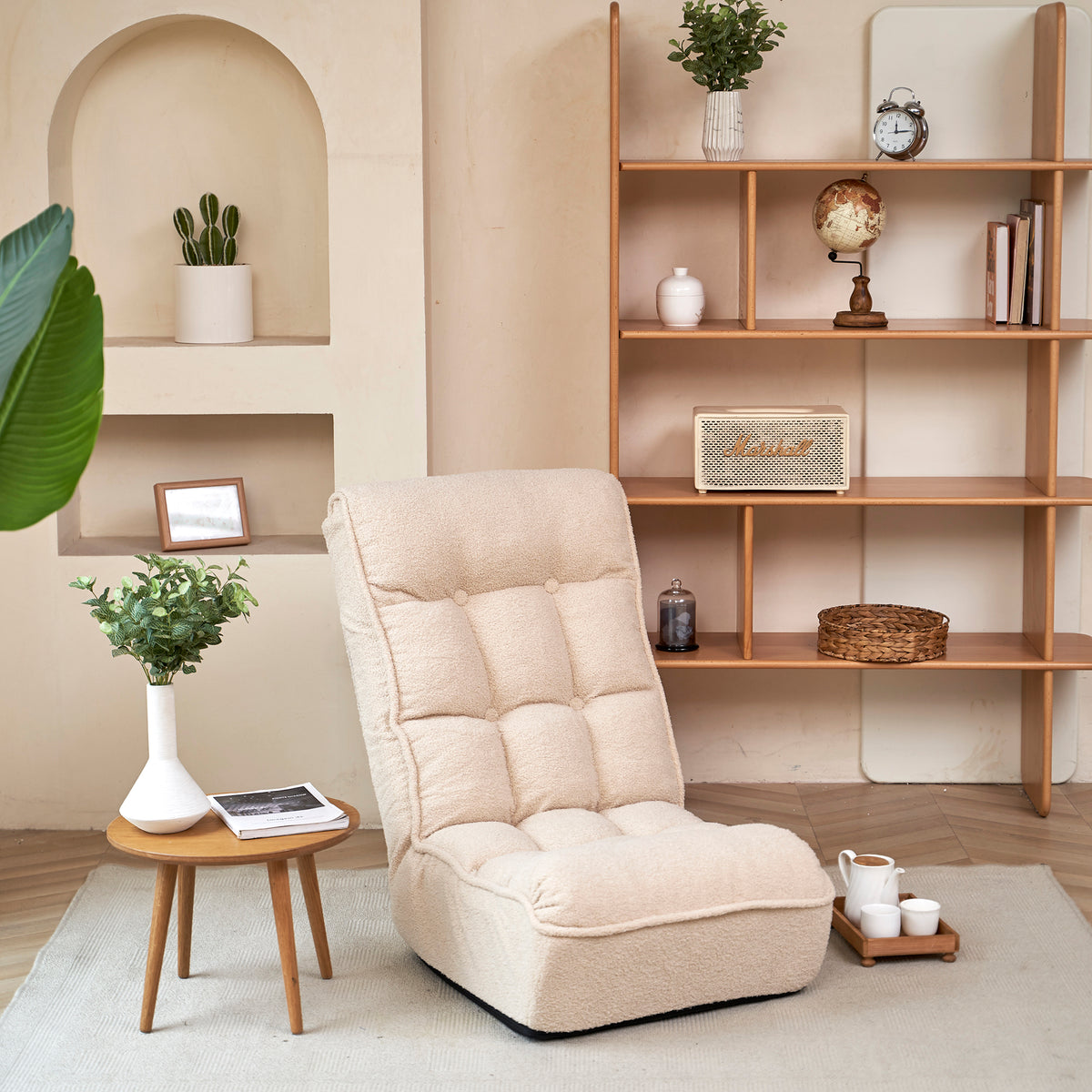 Single Seater Japanese Style Thick Cushioned Lazy Tatami Recliner Sofa- White