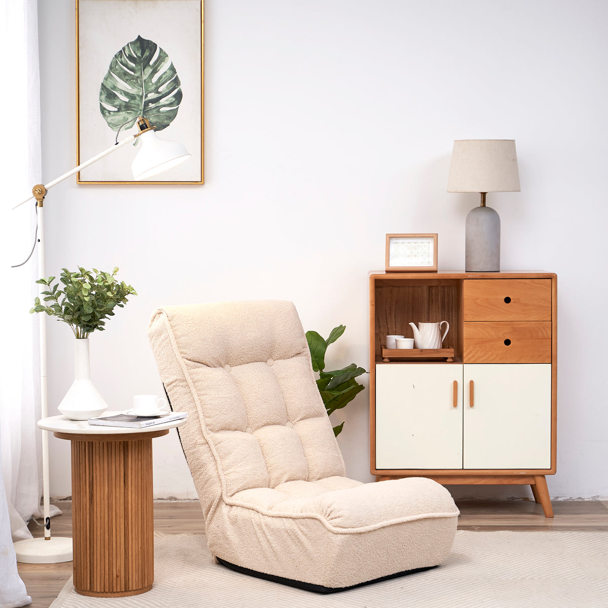 Single Seater Japanese Style Thick Cushioned Lazy Tatami Recliner Sofa- White