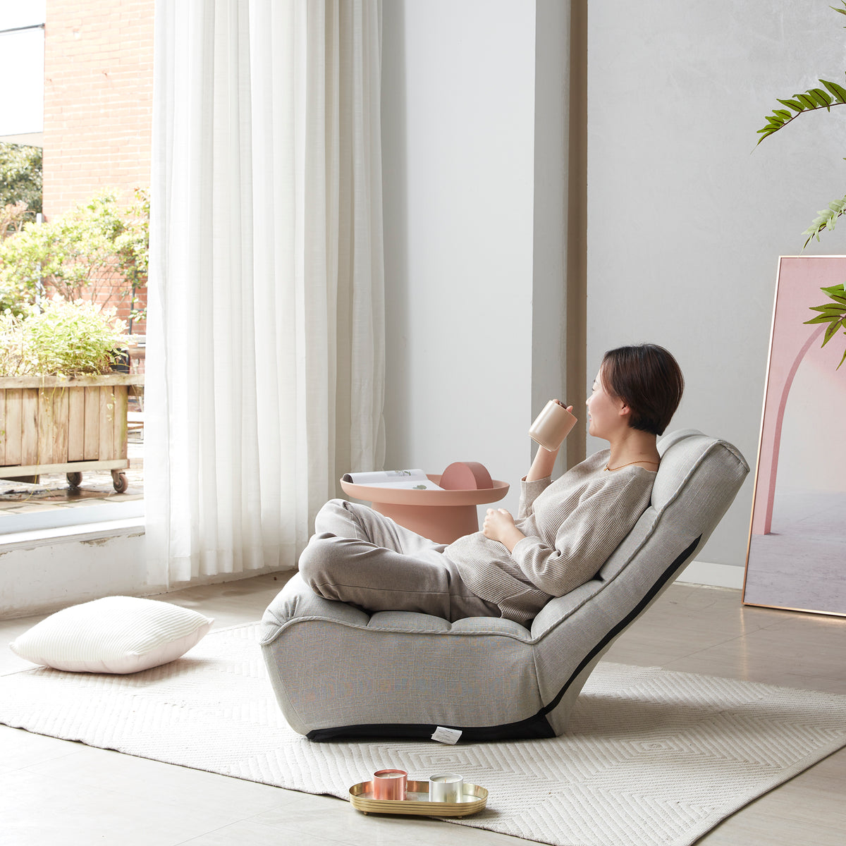 Single Seater Japanese Style Thick Cushioned Lazy Tatami Recliner Sofa- Gray