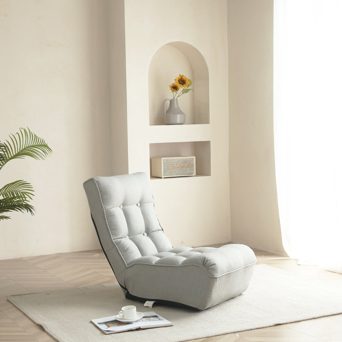 Single Seater Japanese Style Thick Cushioned Lazy Tatami Recliner Sofa- Gray