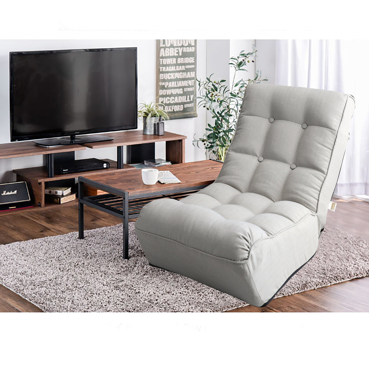 Single Seater Japanese Style Thick Cushioned Lazy Tatami Recliner Sofa- Gray
