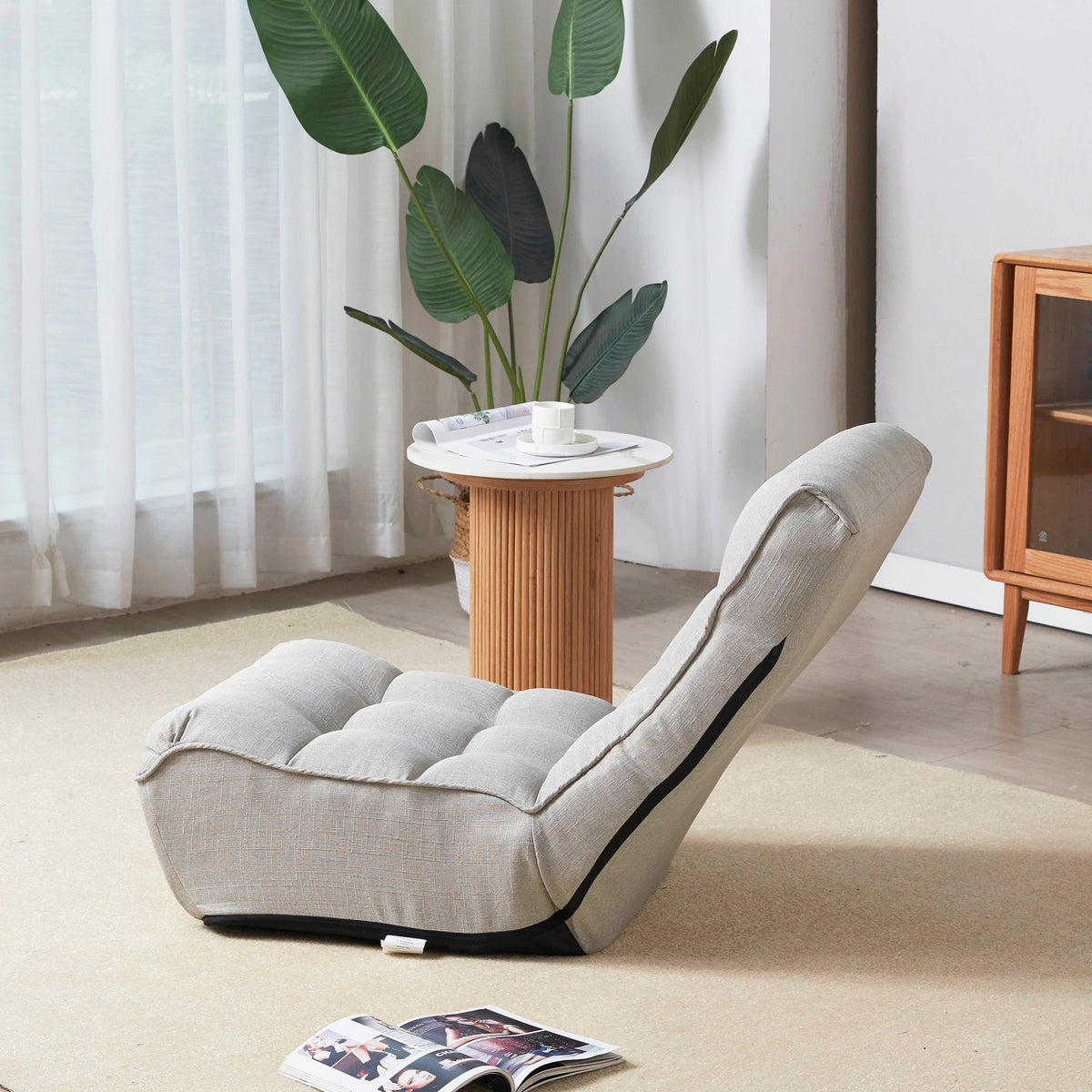 Single Seater Japanese Style Thick Cushioned Lazy Tatami Recliner Sofa- Gray