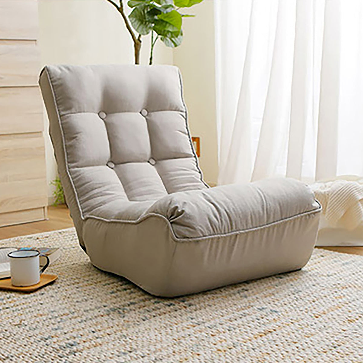 Single Seater Japanese Style Thick Cushioned Lazy Tatami Recliner Sofa- Gray