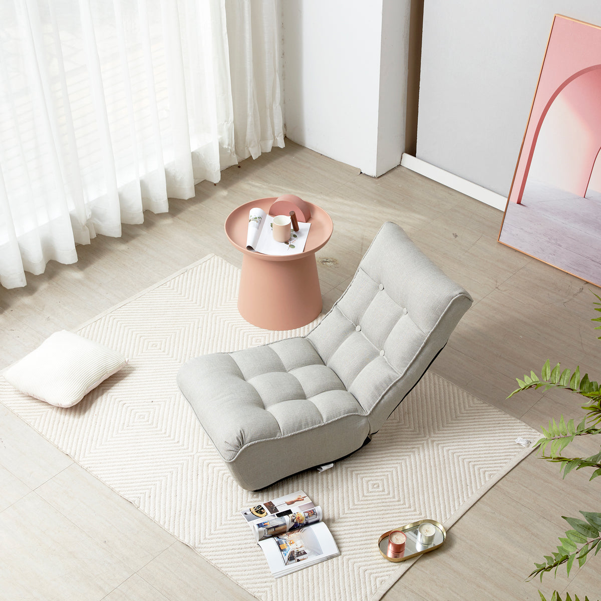 Single Seater Japanese Style Thick Cushioned Lazy Tatami Recliner Sofa- Gray