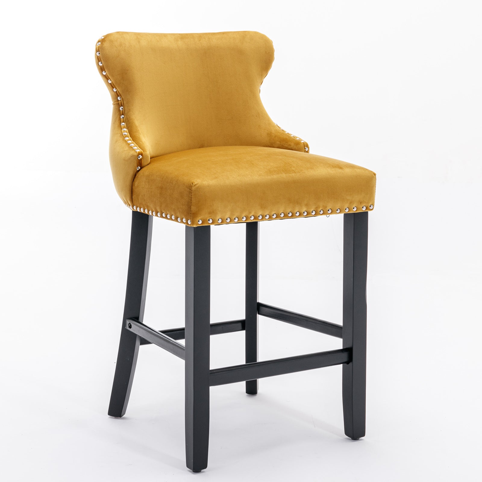 2pcs Chrome Accent Wingback Bar Stools Tufted Velvet with Nailhead and Black Legs- Gold
