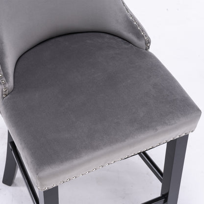 2pcs Chrome Accent Wingback Bar Stools Tufted Velvet with Nailhead and Black Legs- Grey
