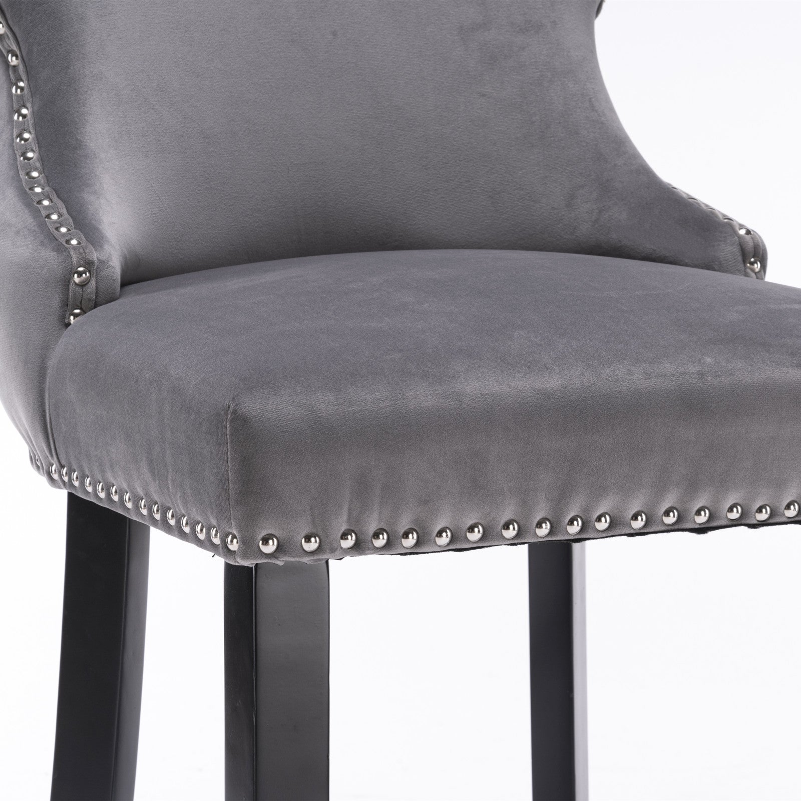 2pcs Chrome Accent Wingback Bar Stools Tufted Velvet with Nailhead and Black Legs- Grey