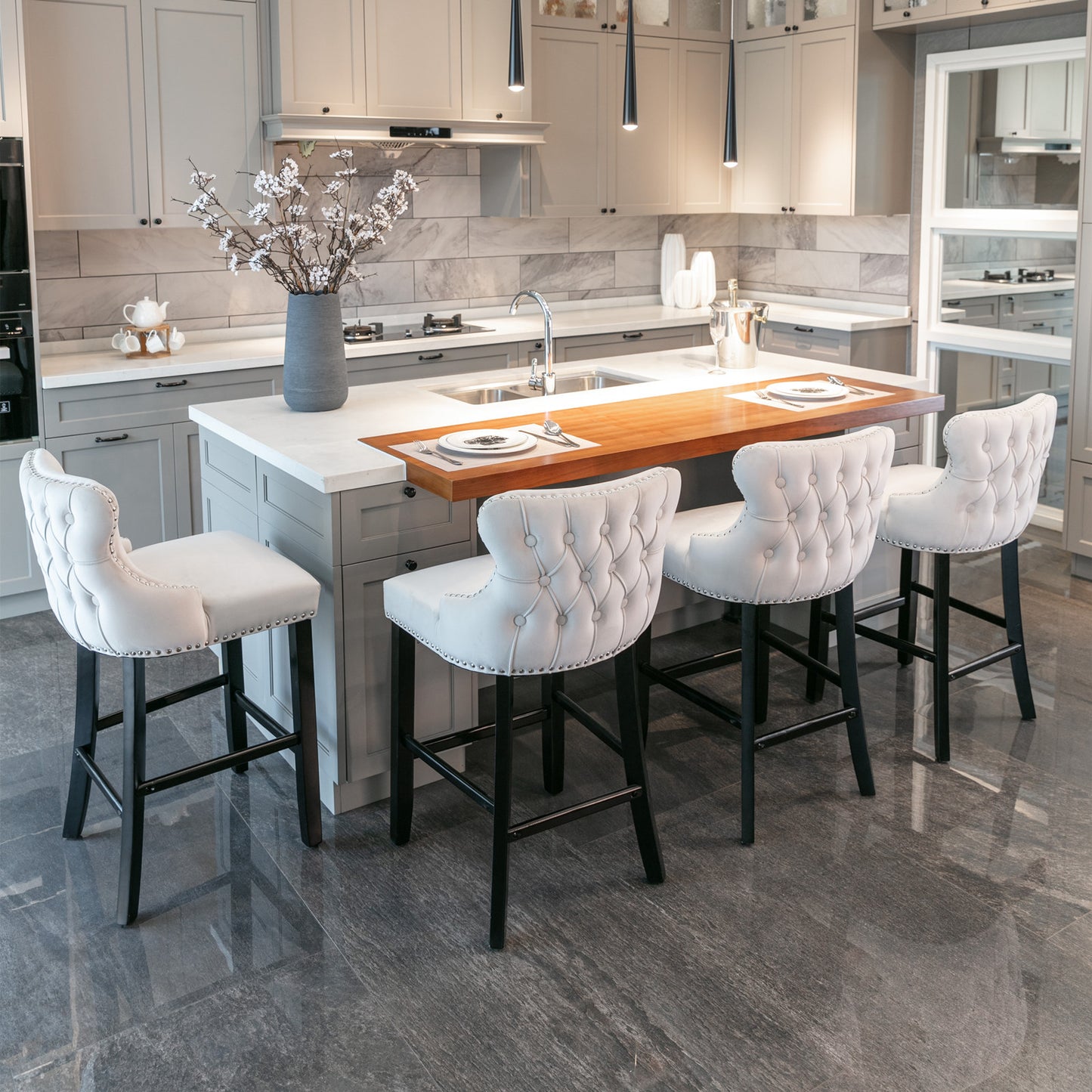 2pcs Chrome Accent Wingback Bar Stools Tufted Velvet with Nailhead and Black Legs- Beige