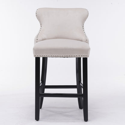 2pcs Chrome Accent Wingback Bar Stools Tufted Velvet with Nailhead and Black Legs- Beige
