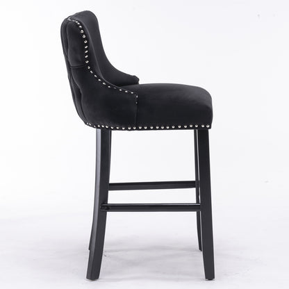 2pcs Chrome Accent Wingback Bar Stools Tufted Velvet with Nailhead and Black Legs- Black