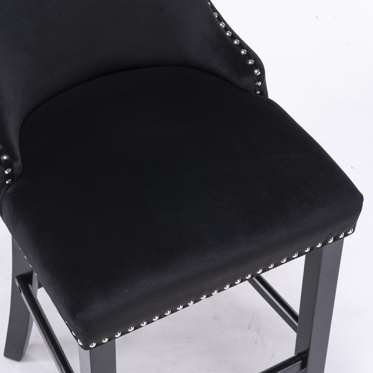 2pcs Chrome Accent Wingback Bar Stools Tufted Velvet with Nailhead and Black Legs- Black