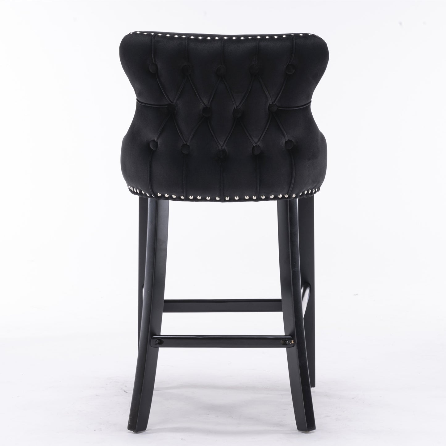 2pcs Chrome Accent Wingback Bar Stools Tufted Velvet with Nailhead and Black Legs- Black