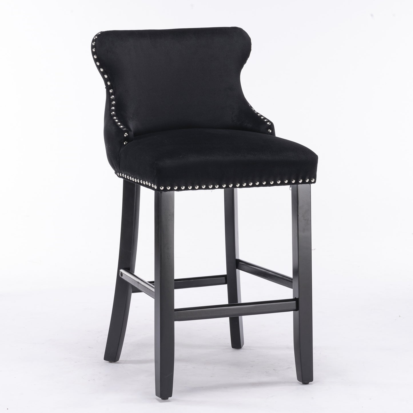 2pcs Chrome Accent Wingback Bar Stools Tufted Velvet with Nailhead and Black Legs- Black